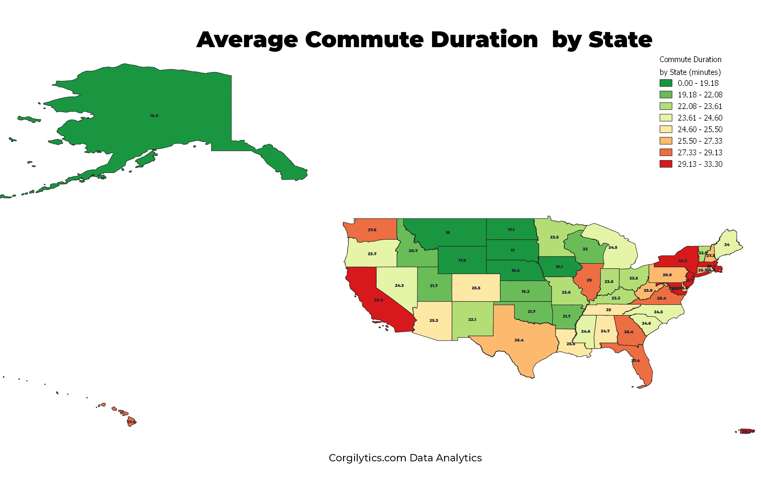 Image Depicting Chloropleth of Average Commute for Each US State